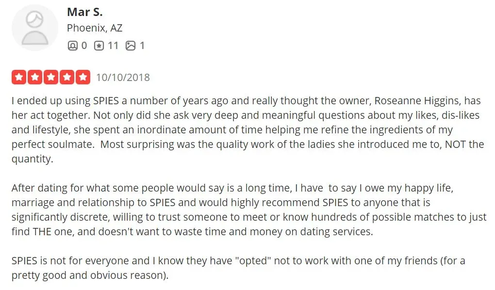 5-star SPIES review on Yelp