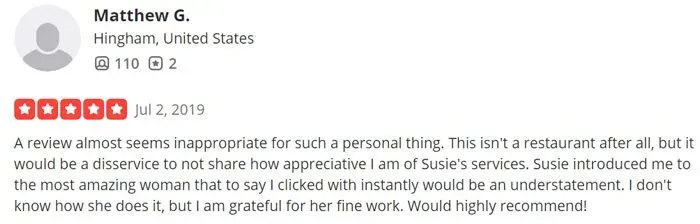 Yelp review for Susanne MacDowell, 5 stars