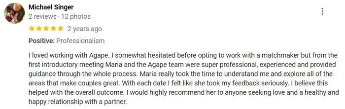 5-star Agape Match review on Google