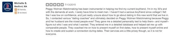 Yelp not currently recommended 5-star Peggy Wolman review