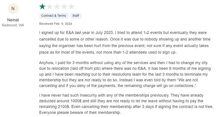 1-star Events & Adventures review on Consumer Affairs