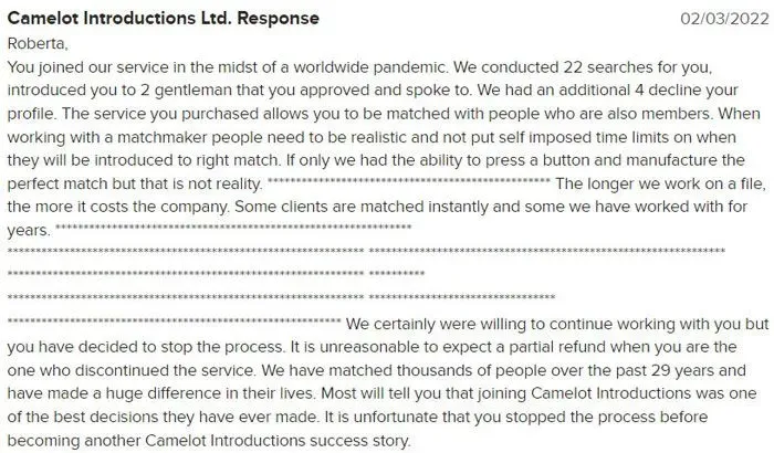 Camelot Introductions response to 1-star BBB review