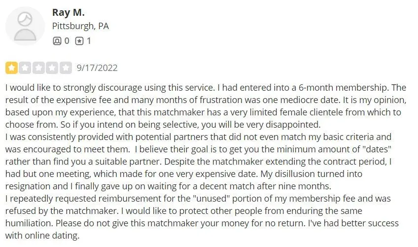 1-star Yelp review for The Modern Matchmaker