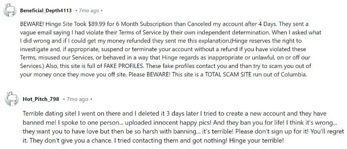 Reddit thread regarding banned accounts on Hinge