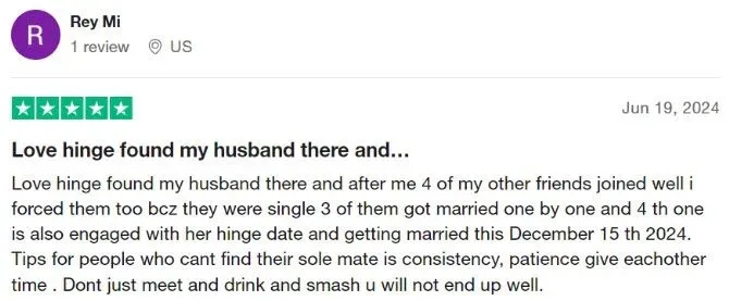 5-star Hinge review on Trustpilot