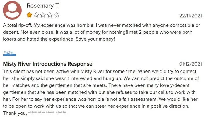 1-star Misty River Introductions review on BBB