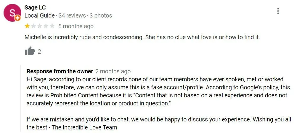 1 star Incredible Love review on Google