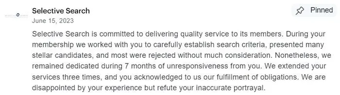 Selective Search's response to a Consumer Affairs review