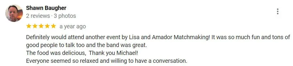 5-star review on Google for an Amador Matchmaking single's mixer