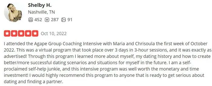 5-star Yelp review for Matchmaker Maria