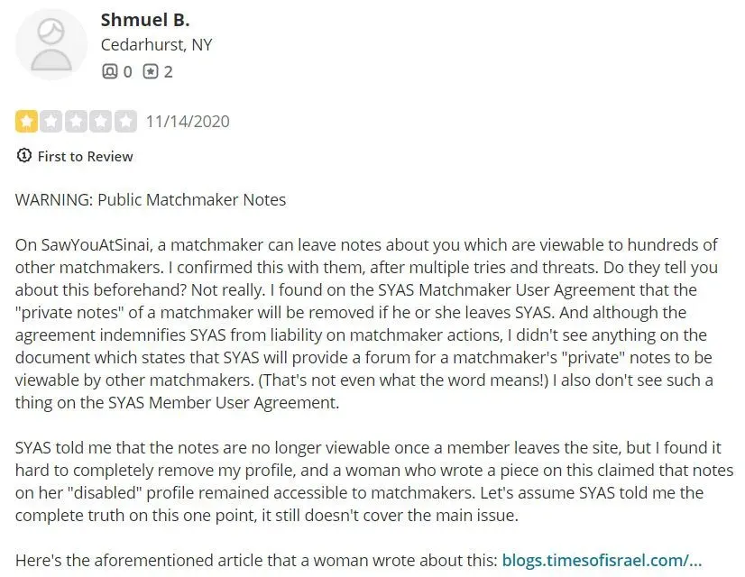 1-star review for SawYouAtSinai on Yelp