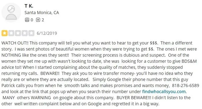 1-star Sugar Matchmaking review on Yelp