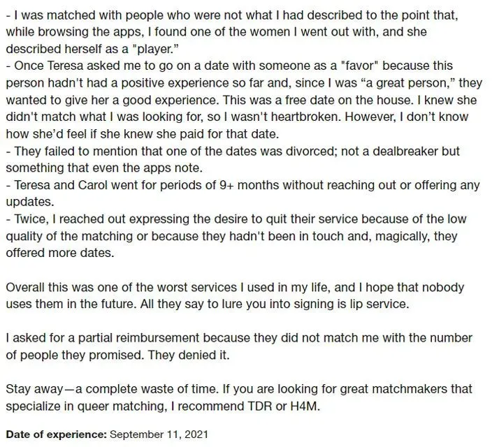 1-star Trustpilot Bespoke Matchmaking review