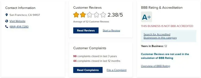 Tawkify BBB rating of A+ and 2.38/5 stars