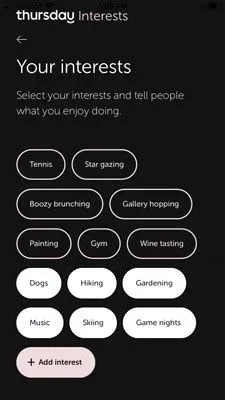 Examples of interest badges on Thursday dating app