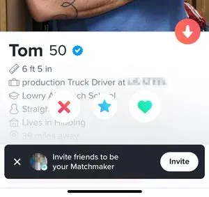 Tinder Matchmaker invite button on profile card