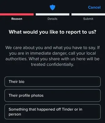 Reporting a match on tinder