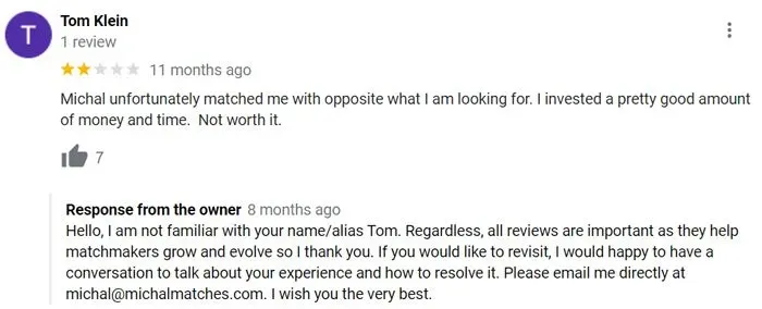 2-star Michal Matches review on Google