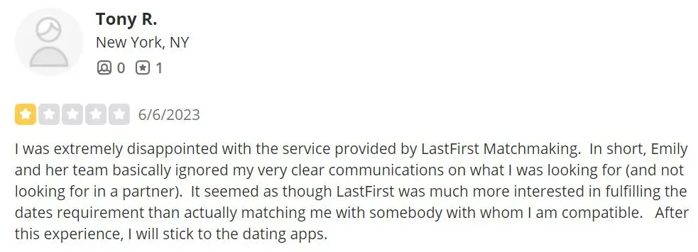 1-star review for LastFirst Matchmaking on Yelp