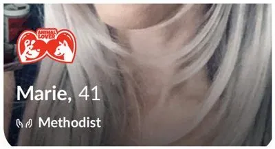 Example of an Animal Lover sticker and Methodist denomination displayed on an Upward profile