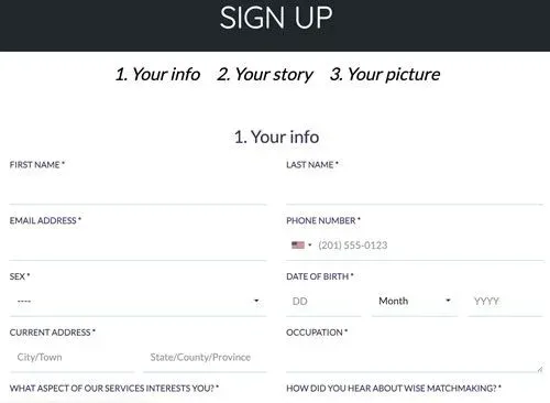 Wise Matchmaking sign up form example