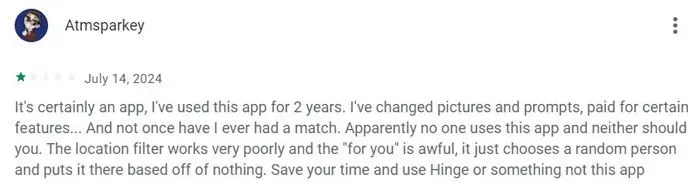 1-star Bumble review on Google Play