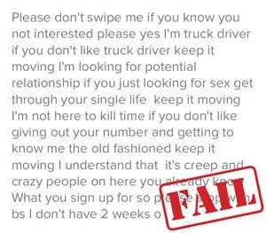 Example of a Tinder bio with no punctuation in it.