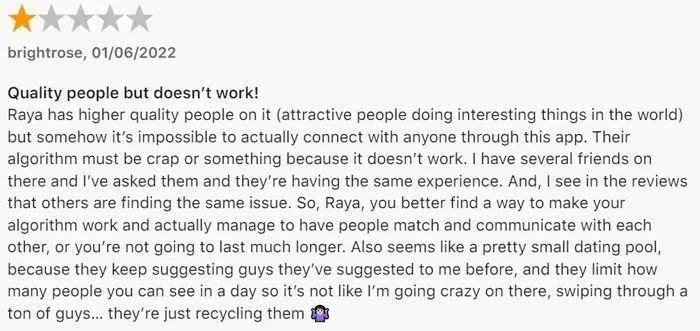 1-star App Store review for Raya