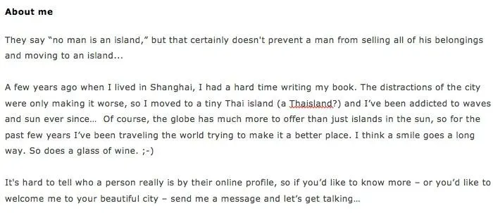 Descriptive About Me for Travelgirls profile