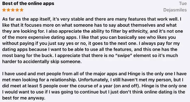 5-star Hinge app review on App Store