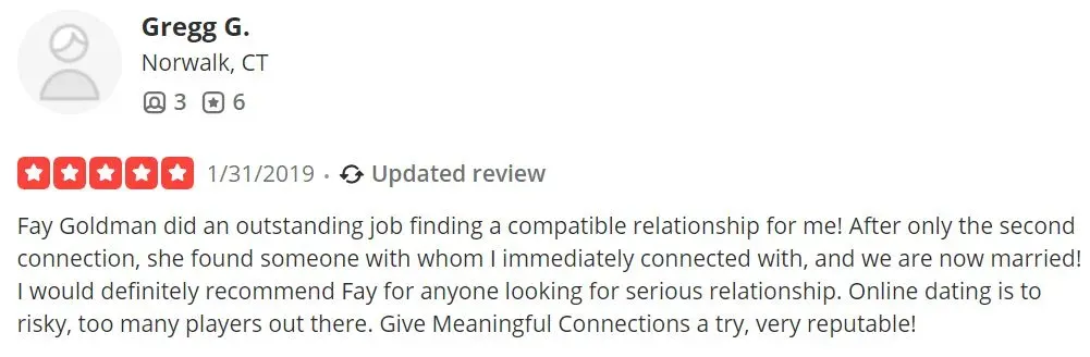 5-star Yelp review for Meaningful Connections