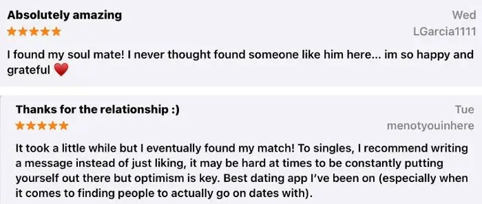 Hinge 5-star reviews on app store