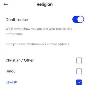 Jewish dating preference on Match.com filter settings
