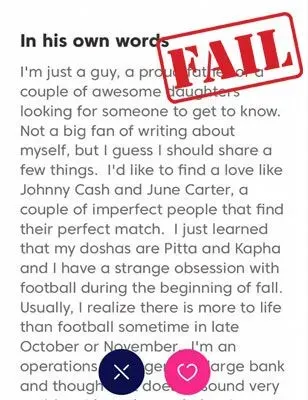 Example of a match profile with no line breaks so it looks overwhelming.