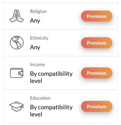 eHarmony's premium search filters