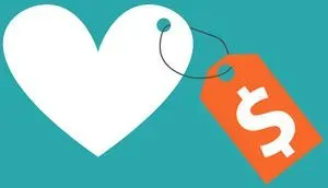 A paper heart with a price tag attached to it symbolizing the cost of using a matchmaking service