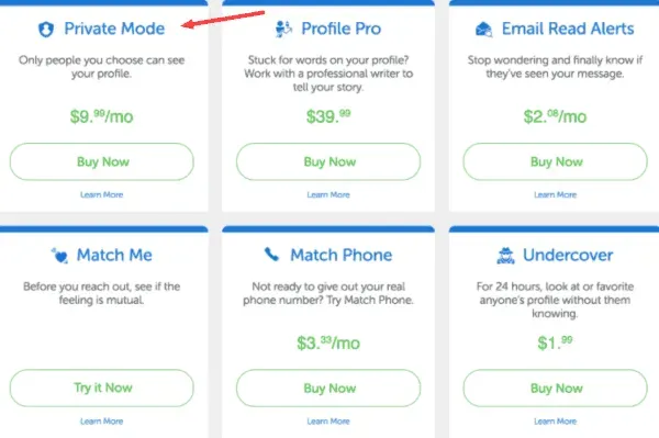 private mode options on Match