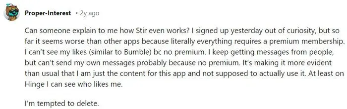 Redditor comment on Stir dating app