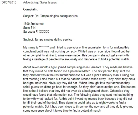 sarasota singles complaint