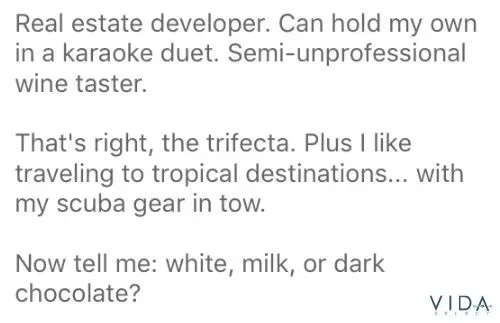 Example of a Bumble profile that makes it easy for a match to start a conversation.