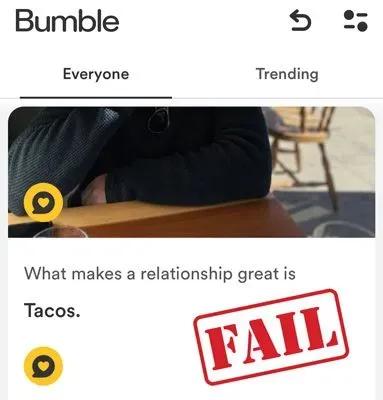 Example of a 1-word Bumble prompt answer