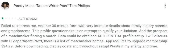 1-star Google Play review for SawYouAtSinai app