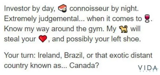 Tinder bio example 5: the elevator pitch style profile using emoji