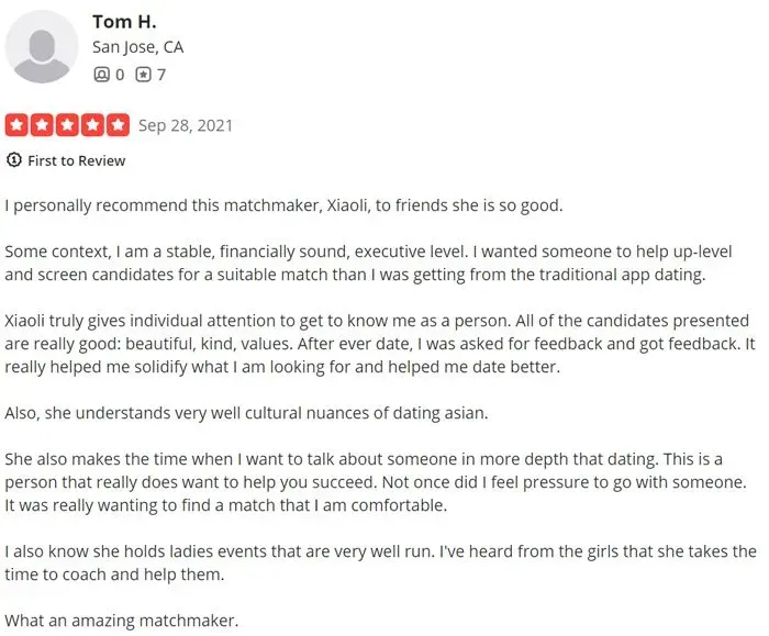 5-star Yelp review for Elite Asian Matchmaker