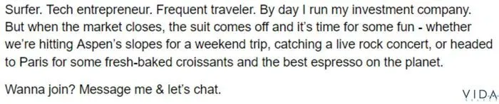 Example of a Tinder bio for men that ends with "Wanna join?"