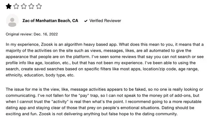 1-star Zoosk review on Consumer Affairs